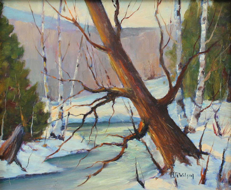 B.R. WILSON CANADIAN PAINTING BIRCHES: WILSON, B. Russell, (Canadian, 20th C.): Winter Stream With Birches, Oil/Masonite, 10'' x 12'', signed lower right, framed, 13'' x 15''.
