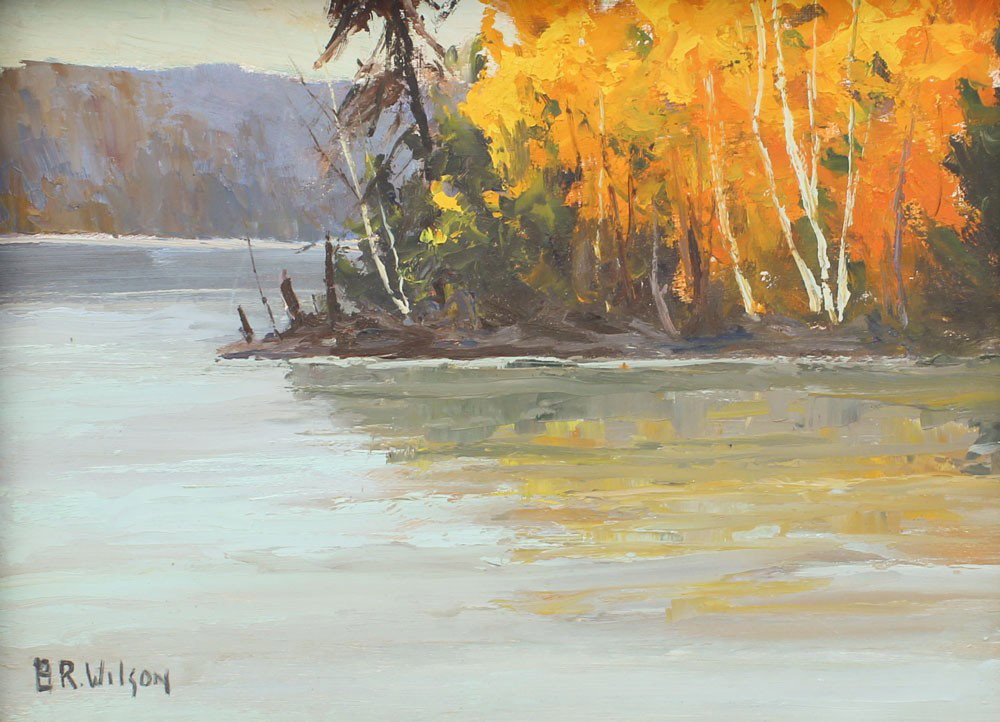 B.R. WILSON CANADIAN LAKESIDE PAINTING: WILSON, B. Russell, (Canadian, 20th C.): Autumnal Trees From the Lake, Oil/Masonite, 10'' x 12'', signed lower left, antiqued frame, 14 1/4'' x 17 1/4''.