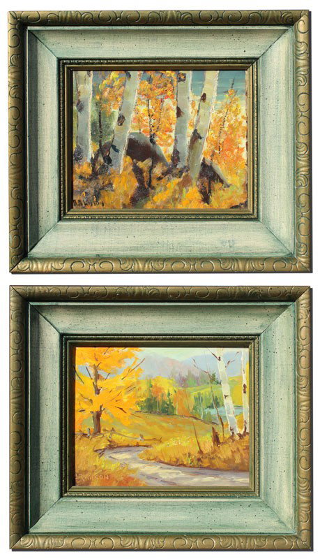 B.R. WILSON 2 CANADIAN PAINTINGS: WILSON, B. Russell, (Canadian, 20th C.): 2 Piece Landscape Lot to include: 1) Autumnal Landscape With Stream and Birches, Oil/Masonite, 8" x 10", signed lower left, carved and painted frame, 13 1/4" x