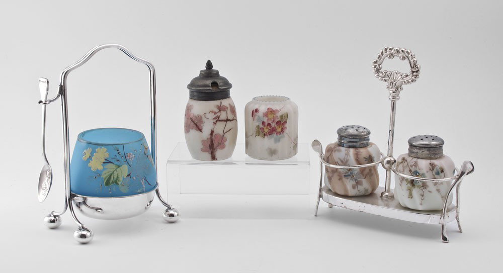 GROUP MT. WASHINGTON GLASS: GROUP MT. WASHINGTON GLASS TOOTHPICK, SHAKERS, MUSTARD: To include swirl Mt. Washington shakers in wishbone motif Standard Silver Co. stand, 5 3/4" x 6". Mt. Washington ribbed toothpick holder, 2". Mt