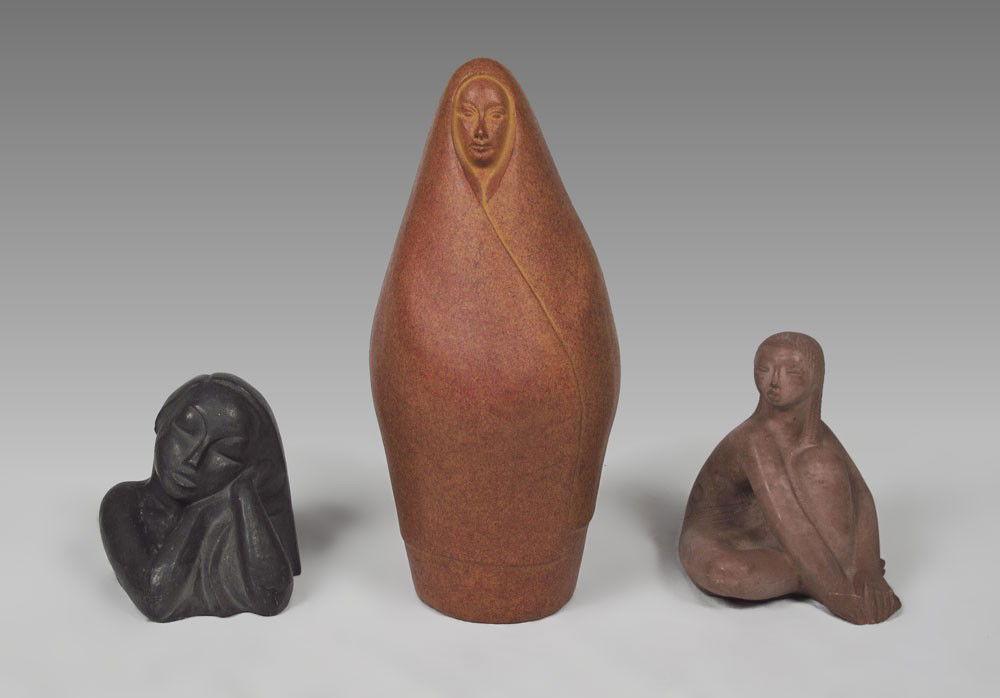 3 CHUCK DODSON SCULPTURES: DODSON, Chuck, (American, 20th C): 3 Piece Painted Terracotta Pottery Sculpture Lot to Include: 1) Figure Draped in Robe, 17 1/2" h.; 2) Seated Female, 8" h.; 3) Bust of a Young Girl, 7" h. All show s