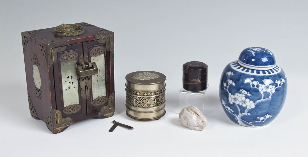CHINESE RABBIT BOX, LACQUER BOX, JAR, 5 PC GROUP: CHINESE TABLE TOP TREASURES: Table top items include the pottery rabbit box, (2 1/2"l), a reticulated brass canister, (3 1/4"tall), a three compartment stacking lacquer box, 2" tall and a blue decorat