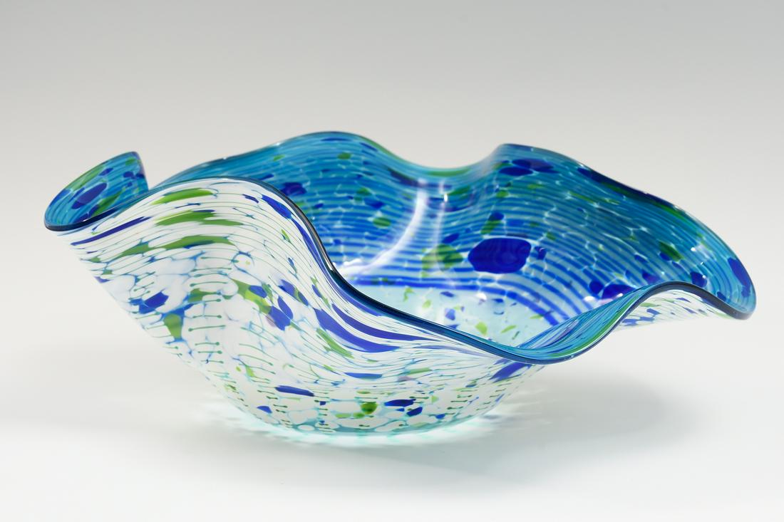 DUNCAN MCCLELLAN ART GLASS BOWL: DUNCAN MCCLELLAN ART GLASS BOWL: Hand-blown glass handkerchief bowl by renowned Florida glass artist and gallery owner Duncan McClellan. With green, blue, and white mottled exterior and swirling blue