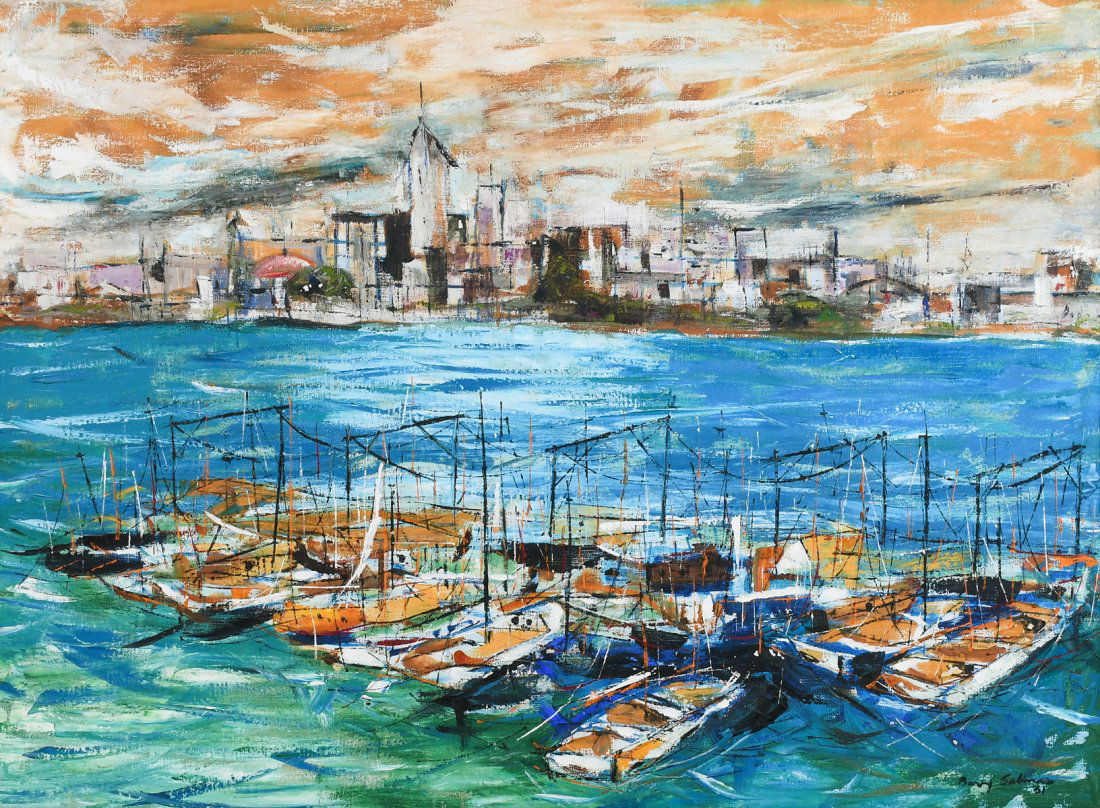 LARGE BARUJ SALINAS VIEW ACROSS THE HARBOR PAINTING (1 of 5)