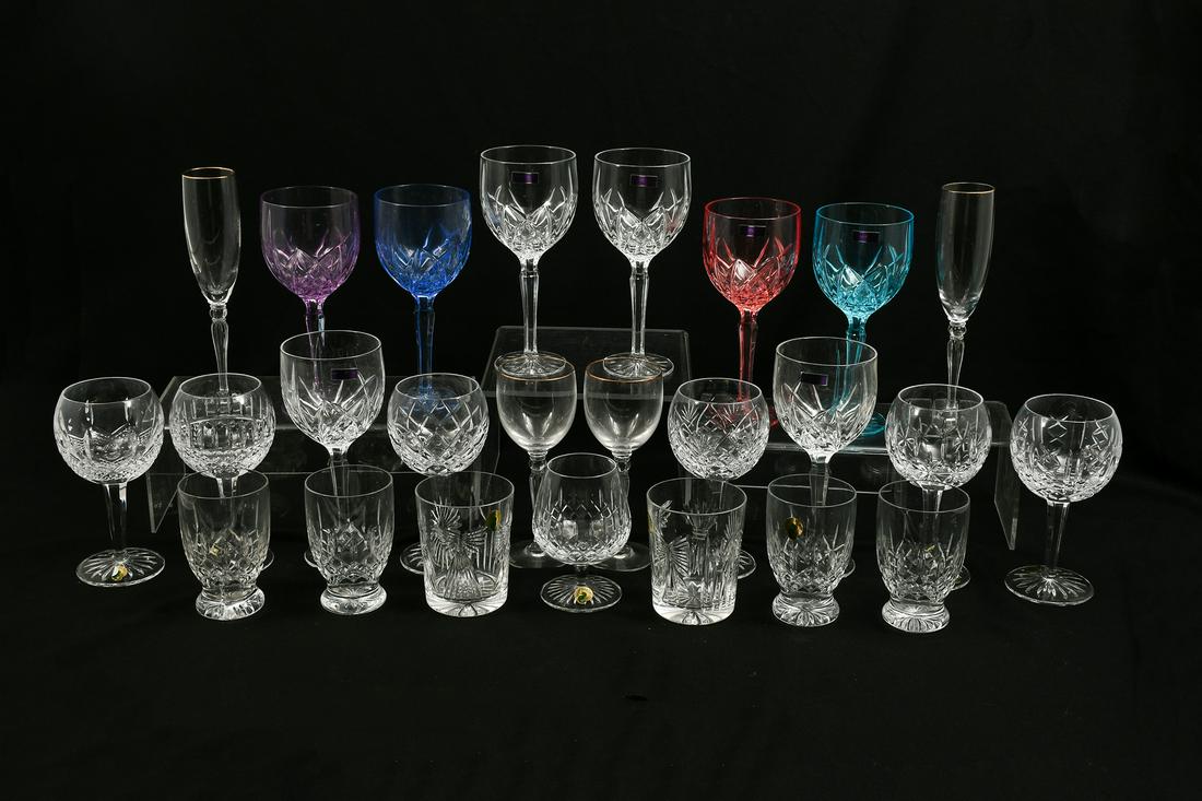 25-PC. WATERFORD CTYSTAL GLASSWARE: 25-PC. WATERFORD CTYSTAL GLASSWARE: Comprising; 4- Lismore Juice Glasses, 2- Millennium Series Double Old-Fashioned glasses, 2- Carleton Gold Wine Glasses, 2- Carleton Gold Champagne Flutes, 1- Snifte