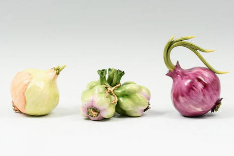 3-PC. KATHERINE HOUSTON ORGANIC FORM PORCELAINS: 3-PC. KATHERINE HOUSTON ORGANIC FORM PORCELAINS: Three pieces of hand-painted and delicately sculpted Katherine Houston objects d'art. 1) Garlic bulbs with gold rope, signed and dated KHO '96. 2) Spro