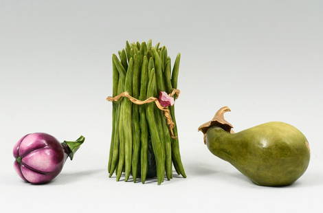 3-PC. KATHERINE HOUSTON ORGANIC FORM PORCELAINS: 3-PC. KATHERINE HOUSTON ORGANIC FORM PORCELAINS: Three pieces of hand-painted and delicately sculpted Katherine Houston objects d'art. 1) Standing bouquet of green beans, tied w/ gold string and flowe