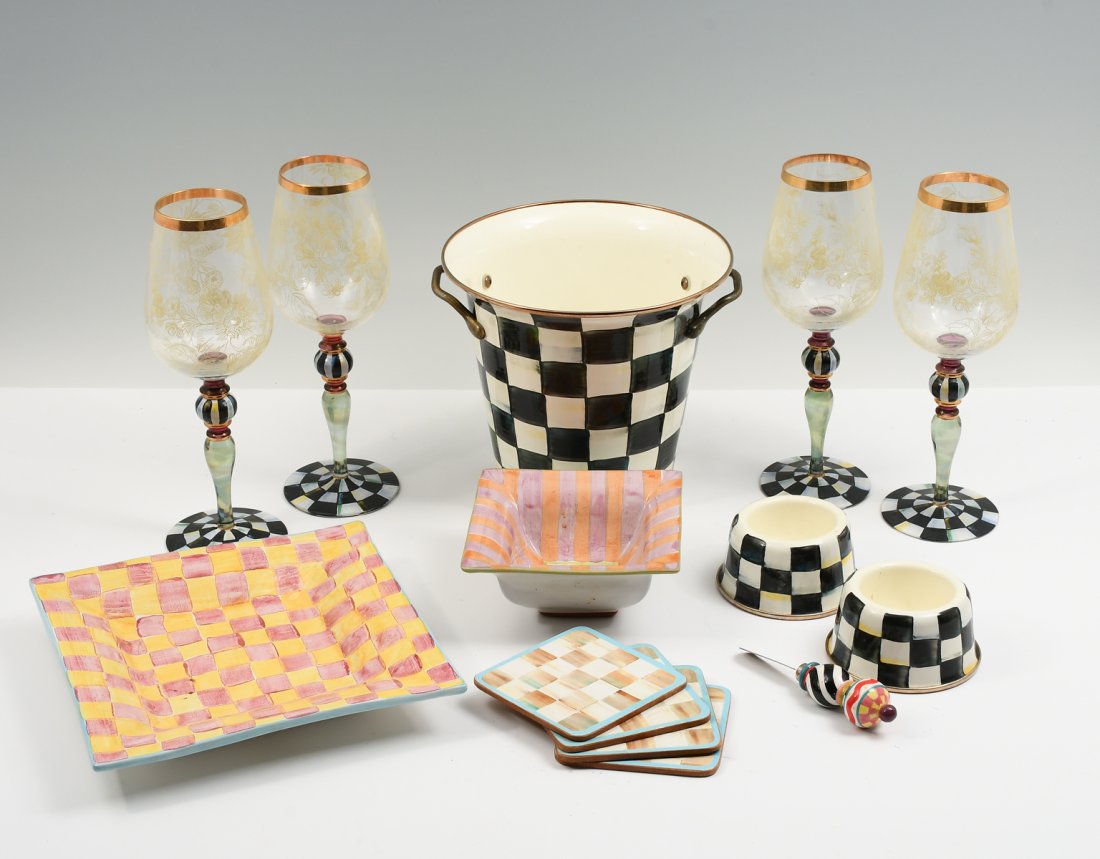 14 PC. MACKENZIE CHILDS COLLECTION: 14 PC. MACKENZIE CHILDS COLLECTION: Comprising; 1- Courtly Check Ice Bucket, 2- Courtly Check Pet Bowls, 1- Wallcourt Square Luncheon Plate, 1- Wallcourt Square Bowl, 1- Jubilee Canape Knife, 4- Coast