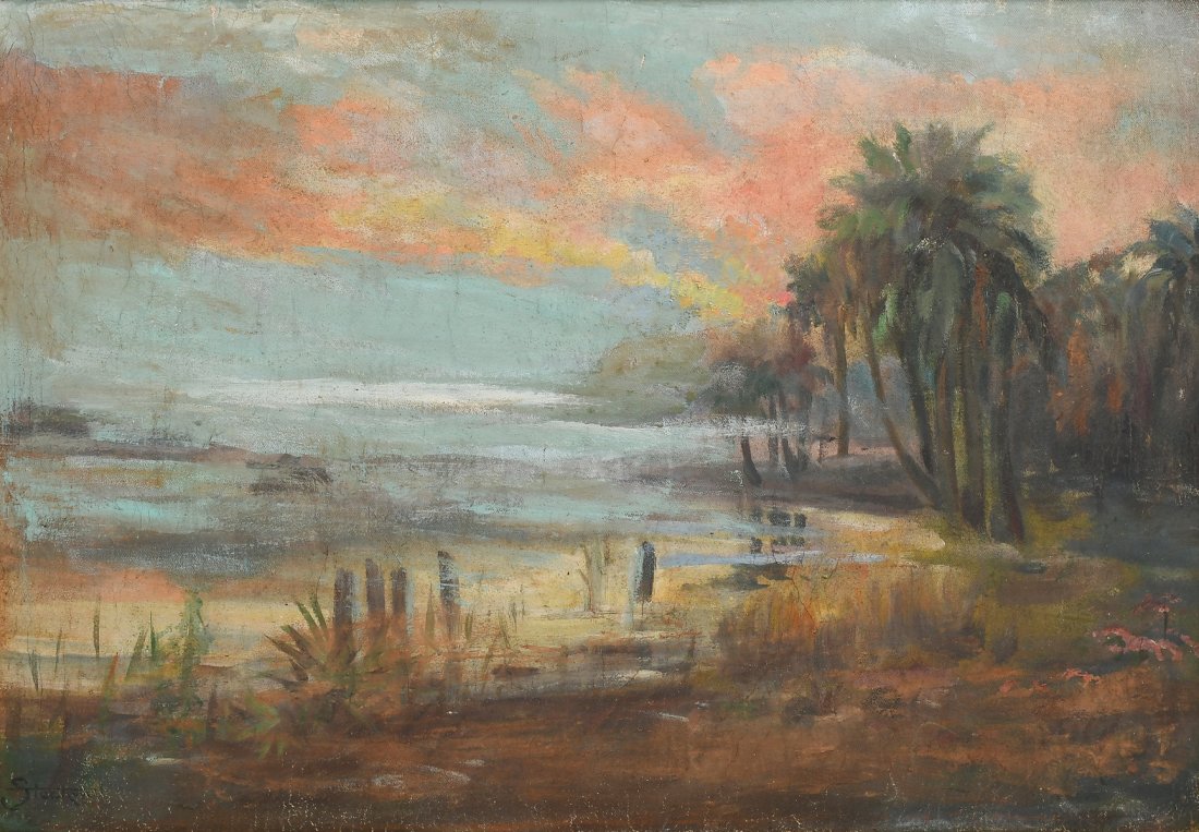 CATHERINE STOCKWELL FLORIDA MISTY MARSH PAINTING: STOCKWELL, Catherine Haynes, (American, 1895-1983): Misty River Sunrise, Oil/Canvas, 18" x 26", signed lower left, framed, 21.5" x 29.25".