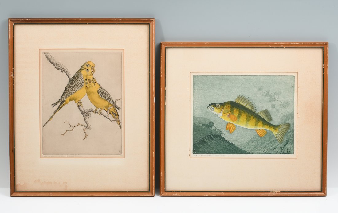 TWO BENSON BOND MOORE ETCHINGS: MOORE, Benson Bond, (American, 1882-1974): Two Etchings: 1) Yellow Perch, sight size 7.5" x 9.25", pencil signed lower left, edition of 50, label affixed verso, framed, 13.5" x 14.5"; 2) Lovebirds, si