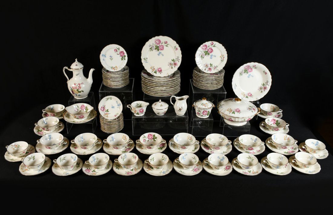 FRENCH L. BERNARDAUD & CO. LIMOGES CHINA: FRENCH L. BERNARDAUD & CO. LIMOGES CHINA: B & Co. pattern features flowers w/ gilt accents. Comprising: 1- Creamer, 1- Covered Sugar Bowl, 12- Teacups, 12- Saucers, 12- Cream Soup Bowls, 12- Cream Sou