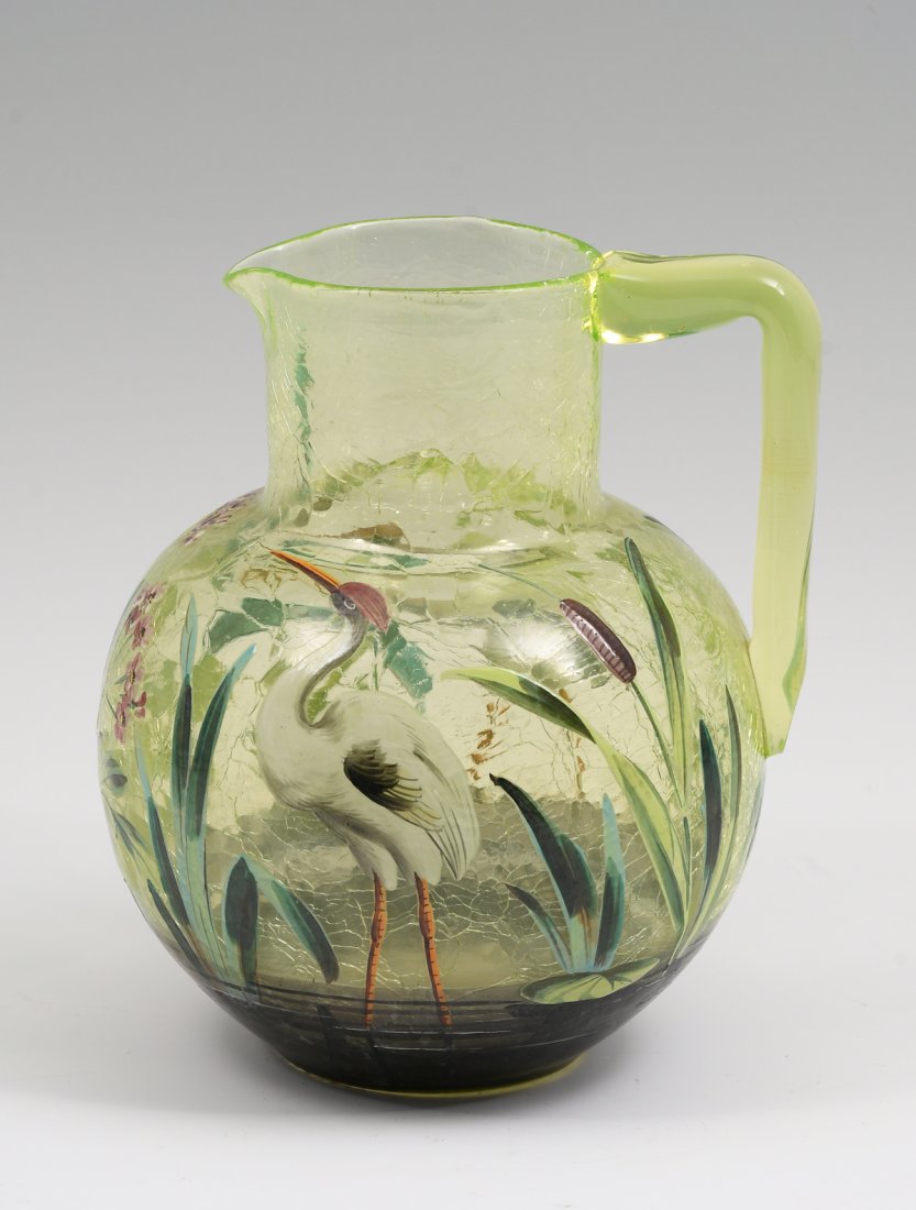 ENAMELED MOSER VASELINE ART GLASS PITCHER (1 of 6)