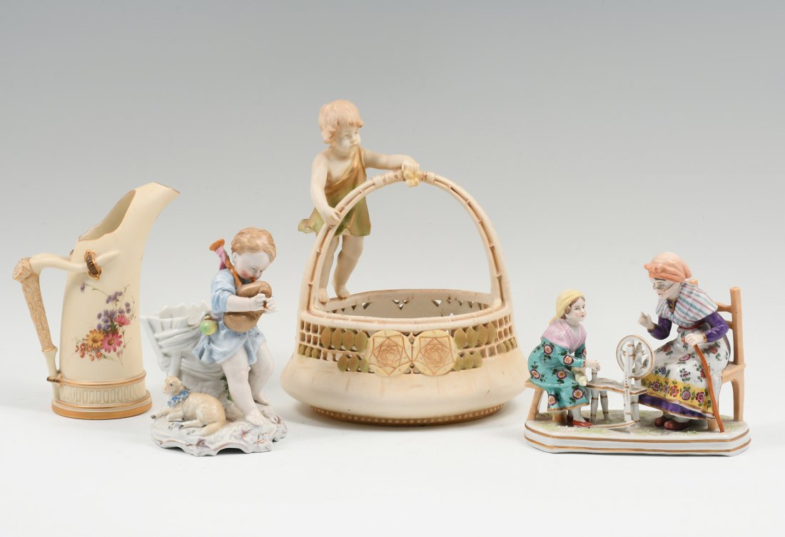 4 PC. DRESDEN, AMPHORA, & WORCESTER COLLECTION: 4 PC. DRESDEN, AMPHORA, & WORCESTER COLLECTION: Comprising; 1- Ernest Wallace Amphora Basket with Young Girl standing on rim. Raised mark at the underside. 1- 19th-century Dresden Figure with Bagpipes