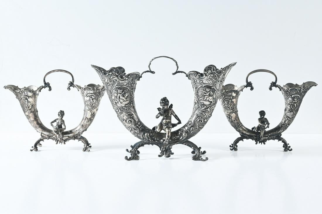 3 GERMAN SILVER DOUBLE CORNICOPIA FIGURAL VASES (1 of 6)