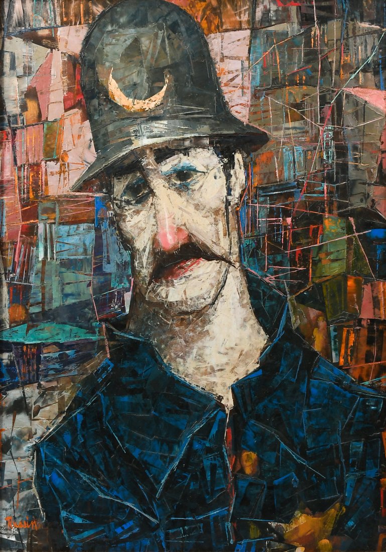 "KEYSTONE COP" PAINTING BY RUSSIN: RUSSIN, George, (American, 1910-2010): "Keystone Cop", Oil/Masonite, sight size 22.5" x 15.5", signed lower left, framed, 32" x 24".
