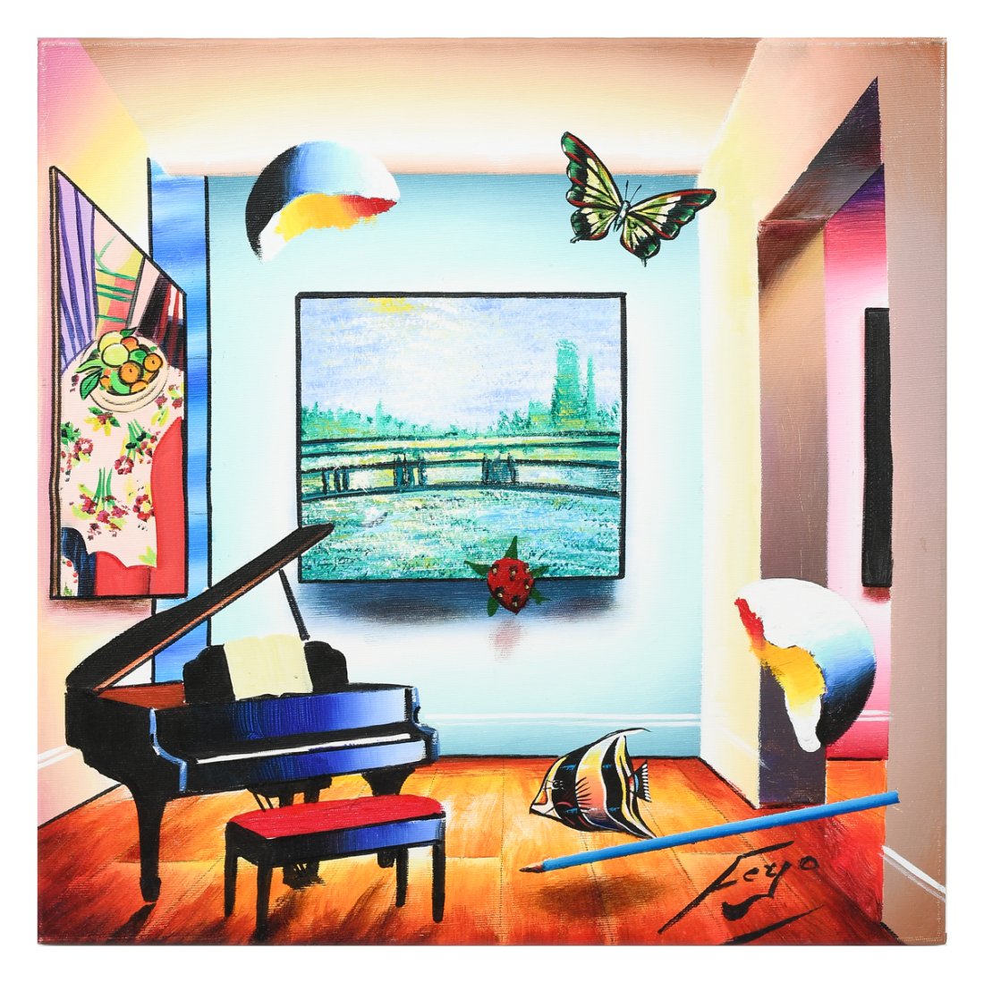 FERJO ORIGINAL PAINTING "BOWL OF FRUIT WITH MUSIC": FERJO, aka Fernando de Jesus Oliveira, (Brazilian/American, b. 1946): "Bowl of Fruit with Music", Oil/Canvas, 16" x 16", signed lower right, unframed.