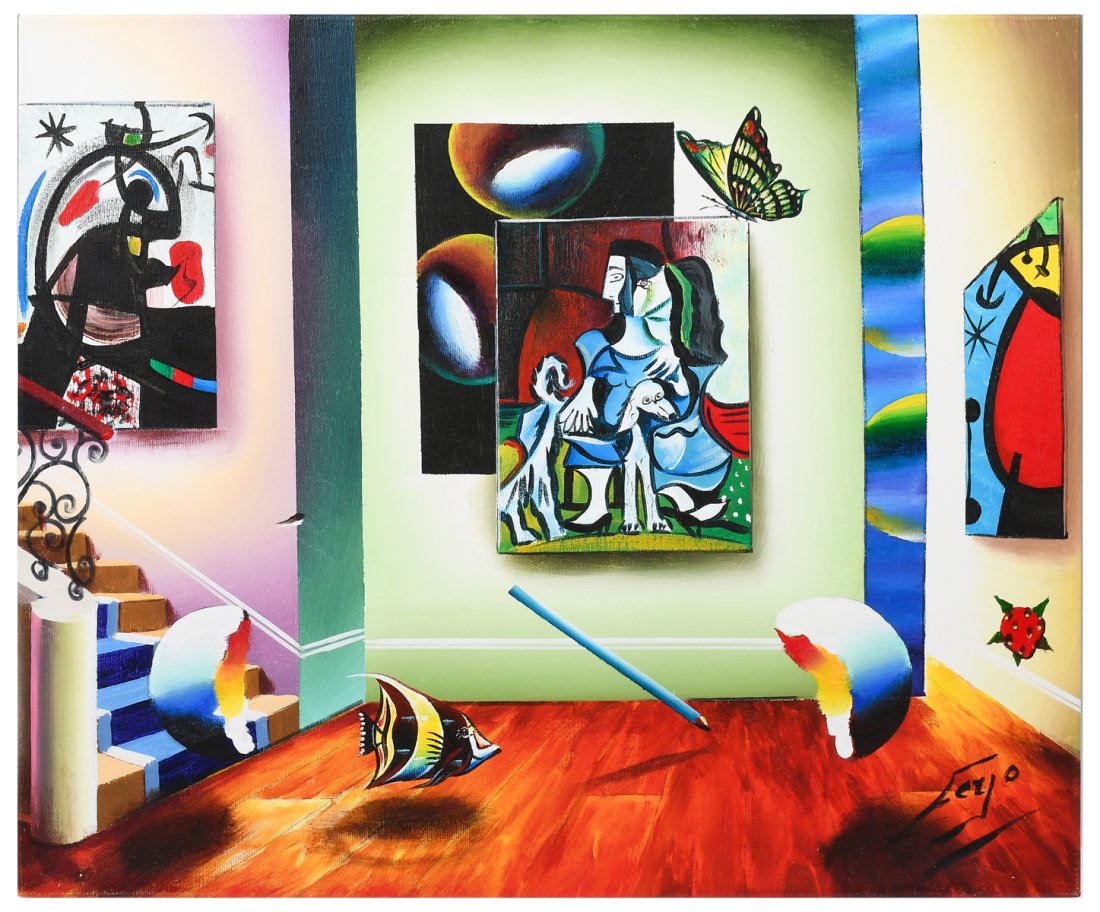 FERJO ORIGINAL PAINTING "HAPPY PLAYING": FERJO, aka Fernando de Jesus Oliveira, (Brazilian/American, b. 1946): "Happy Playing", Oil/Canvas, 20" x 24", signed lower right, unframed.