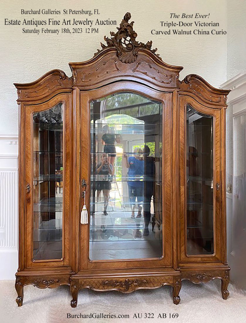 FRENCH WALNUT TRIPLE DOOR CHINA CURIO/CABINET (1 of 3)