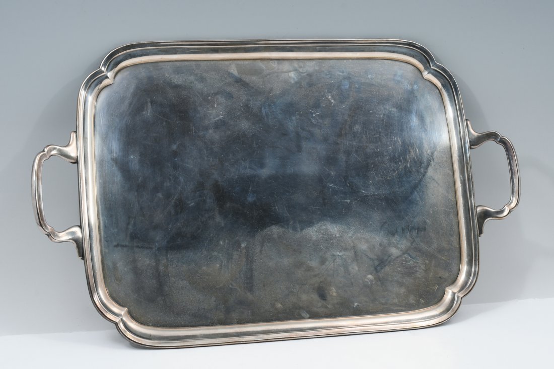 CHELTENHAM ENGLAND SHEFFIELD STERLING TRAY: CHELTENHAM ENGLAND SHEFFIELD STERLING SERVING TRAY: Approx. 66.42 Troy ounces. Made by Edwin Viner, Circa 1920's. Approx. 1.5" h x 22" l x 13.5" w.