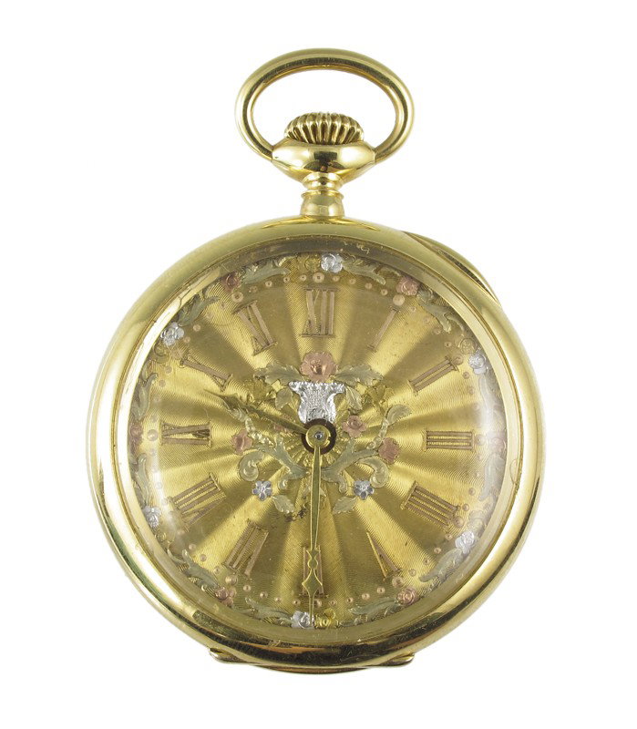 ANTIQUE 18k GOLD TIFFANY POCKET WATCH IN BOX: IMPORTANT ANTIQUE TIFFANY GOLD OPEN FACE POCKET WATCH, CA. 1900: In original presentation box. 18K yellow gold case watch with extra fancy dial and hands. Signed Tiffany & Co, the 15 jewel Swiss made 