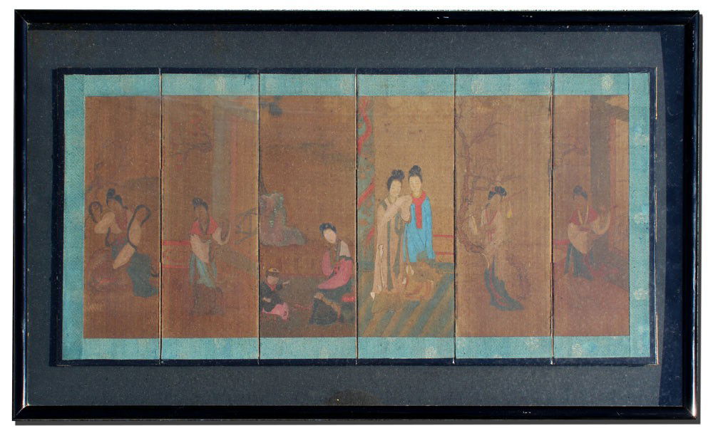 19TH C 6 PANEL JAPANESE TABLE SCREEN: 19TH C 6 PANEL JAPANESE TABLE SCREEN: Watercolor, image size per panel, 9 1/2'' x 4'', actual panel size, 12'' x 24 1/2'', total screen size 16 1/4'' x 28''.