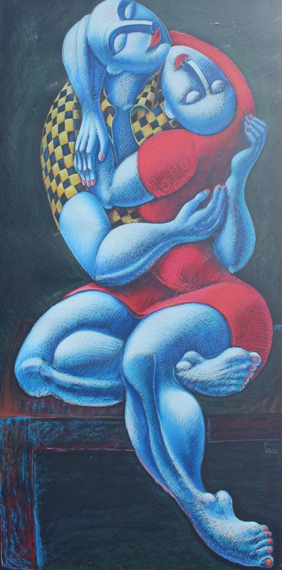 LARGE YUROV LOVERS SERIGRAPH: GEVORGIAN, Yuri, (Armenian, 1956-: "The Hug", Serigraph, 60" x 34 1/2", pencil signed lower right, pencil numbered 128/199 lower left, contemporary gold frame with minor wear, 64" x 39".