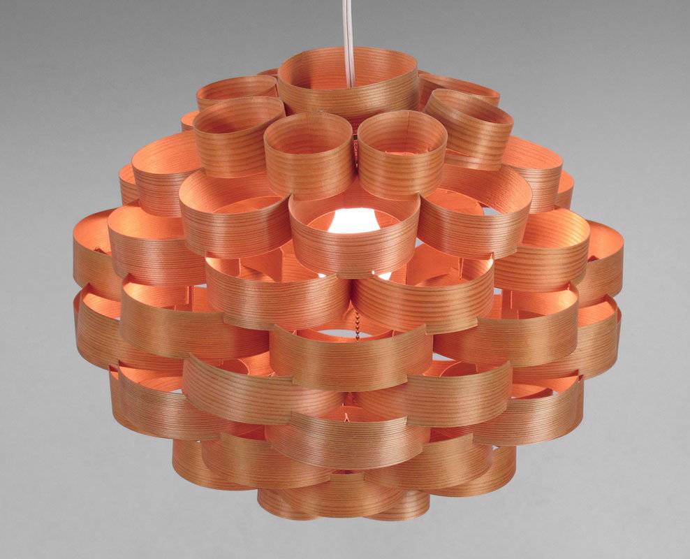 DANISH INNER DESIGN CEILING LIGHT: DANISH INNER DESIGN CEILING LIGHT: Thin curls of wood cast off a warm glow. 13 1/2" x 16"