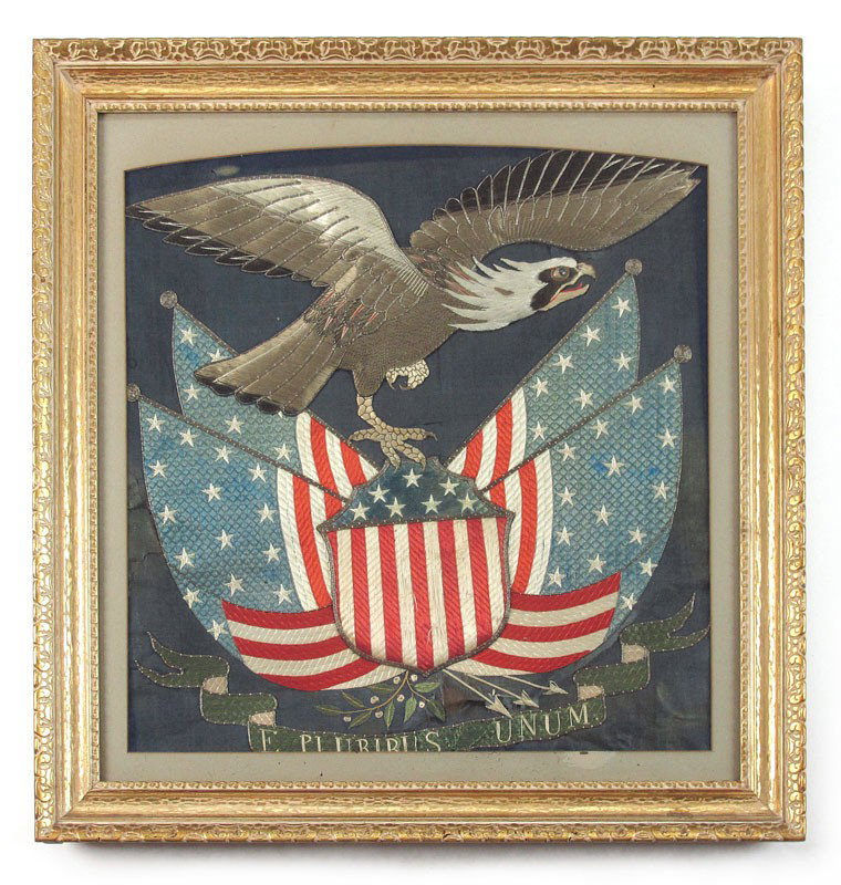 FOLK ART EAGLE & AMERICAN FLAGS EMBROIDERY: FOLK ART EAGLE & AMERICAN FLAGS EMBROIDERY: Circa late 19th to early 20th century. Eagle over shield with 4 US flags over E. Pluribus Unum motto on silk. Sight size 19'' x 18 1/2'', framed 25'' x 24 3