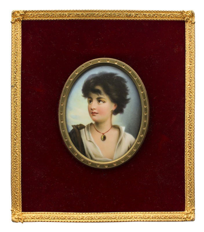 KPM STYLE MINIATURE PAINTING ON PORCELAIN: KPM QUALITY PAINTING ON PORCELAIN OF A YOUNG GYPSY GIRL: 3" x 2 ½" oval, encased in metal border mounted in a gilded metal frame, 7" x 6".