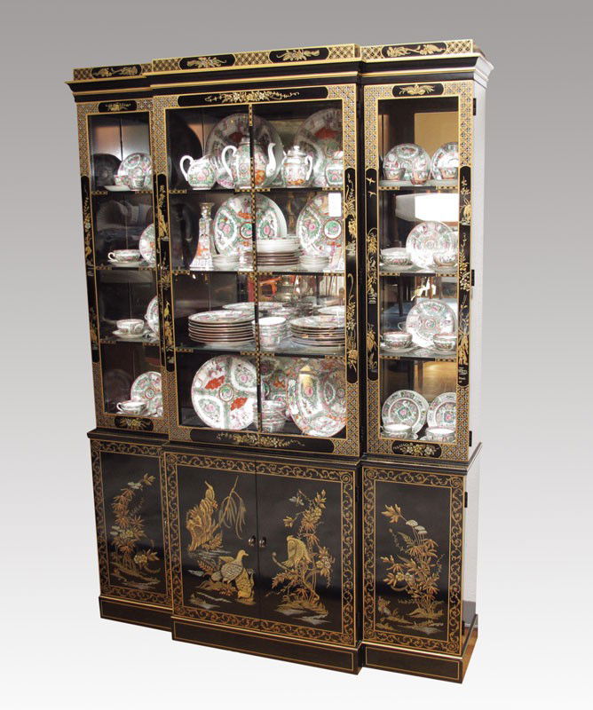 DREXEL ET CETERA CHINA CABINET: DREXEL ET CETERA CHINOISERIE DECORATED CHINA CABINET: Shaped top over 4 glass doors with 3 interior shelves. 4 solid bottom doors with single shelf each section. Illuminated top interior. 79 1/2" h. x
