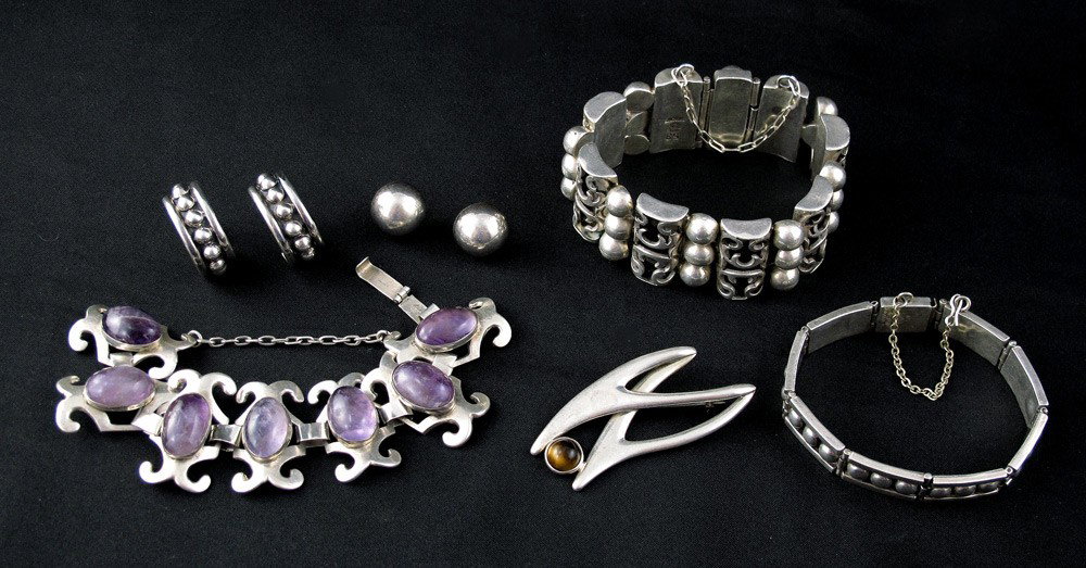 MEXICAN STERLING SILVER JEWELRY: GROUP OF MEXICAN STERLING SILVER JEWELRY: To include 1) Victoria Anna Maria Nunez de Brilianti extra wide link bracelet, approx. 8" l. 2) Unknown signed BJ link bracelet with ball design, approx. 7 1/