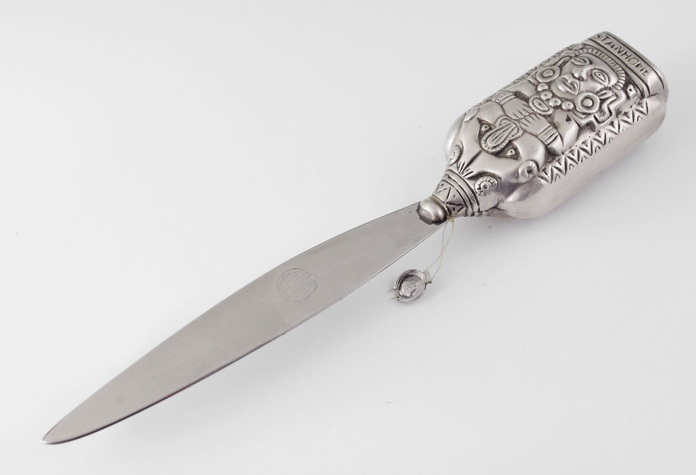 MARGO DE MEXICO MEXICAN STERLING LETTER OPENER: MARGO DE MEXICO MEXICAN STERLING LETTER OPENER: Stanhome Mexican sterling letter opener with handle made by Margot de Mexico with a Mayan design and marked Stanhome Mexico 1959. Stainless steel blade.