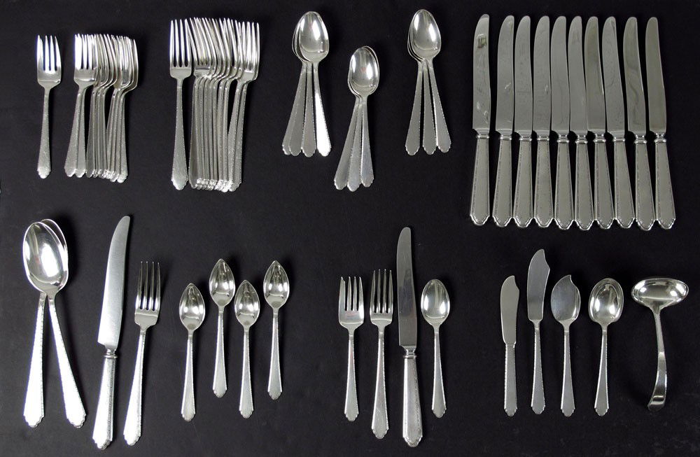 LUNT WILLIAM & MARY STERLING FLATWARE SERVICE: LUNT WILLIAM & MARY STERLING FLATWARE SERVICE: Approx. 57 pieces in the William & Mary pattern by Lunt Silversmiths to include 11 forks (7 1/8''), single fork (7 5/8''), 11 salad forks (6''), 11 teasp