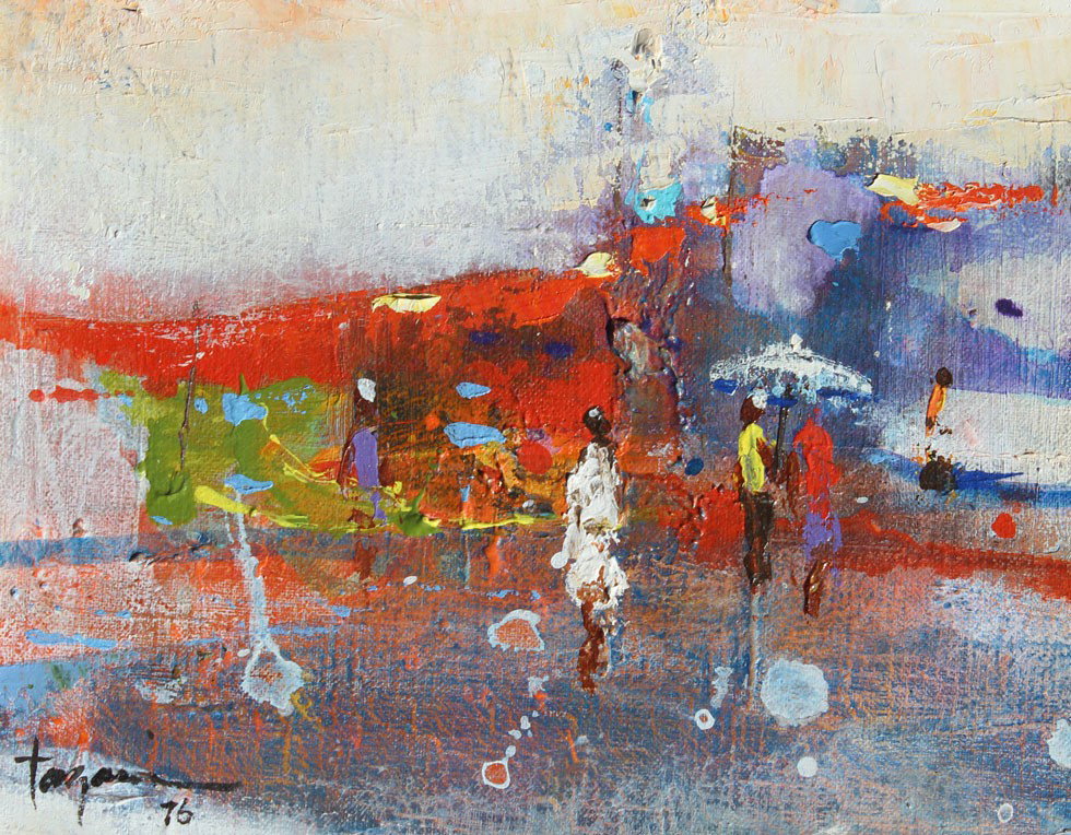 ''CARNIVAL'' PAINTING BY HAWAIIAN ARTIST TAGAMI: TAGAMI, Hiroshi, (Hawaiian, 20th C.): ''Carnival'', Oil/Canvas, 8'' x 10'', signed lower left and dated '76, signed titled and dated verso, worn wood and metal frame, 14'' x 16 1/4''.