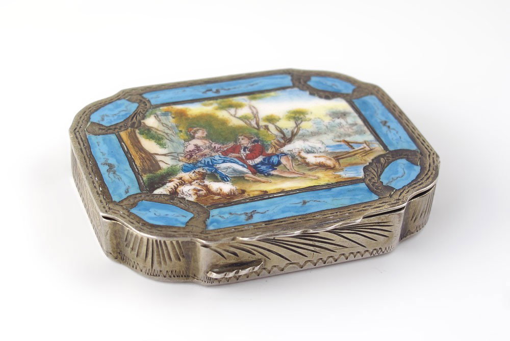 COPPINI & CO. ITALIAN SILVER ENAMEL BOX: COPPINI & CO. ITALIAN SILVER ENAMEL BOX: Coppini & Co. 800 silver hinged lid box with inset enamel outdoor genre scene of lovers and sheep, engraved rim and base. Vermeil interior with mirror. Marked 