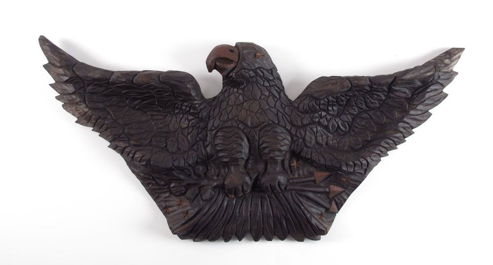 FOLK ART CARVED EAGLE SIGNED JEAN ANDRE: FOLK ART CARVED EAGLE SIGNED JEAN ANDRE: Nice carved folk art eagle wall hanging. Signed Jean Andre on back. 19" x 40 1/2" x 2 3/4".