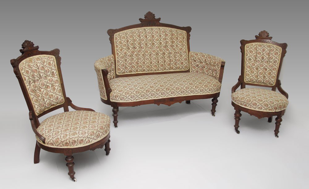 VICTORIAN PERIOD 3 PIECE PARLOR SET: RENAISSANCE REVIVAL VICTORIAN 3 PIECE PARLOR SUITE: Incised carvings, burl walnut panels. Includes the settee (43" h. x 56 1/2" x 29") and 2 chairs (32" x 25 1/2" x 30").