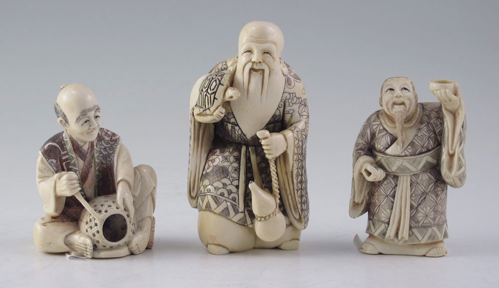 3 PIECE CARVED IVORY FIGURAL OKIMONO: 3 PIECE CARVED IVORY FIGURAL OKIMONO: To include 1) Elder with turtle and gourd, signed. 4" h. x 2". 2) Man holding cup, signed. 2 7/8" h. 3) Seated basket weaver, signed. 2 7/8" h.
