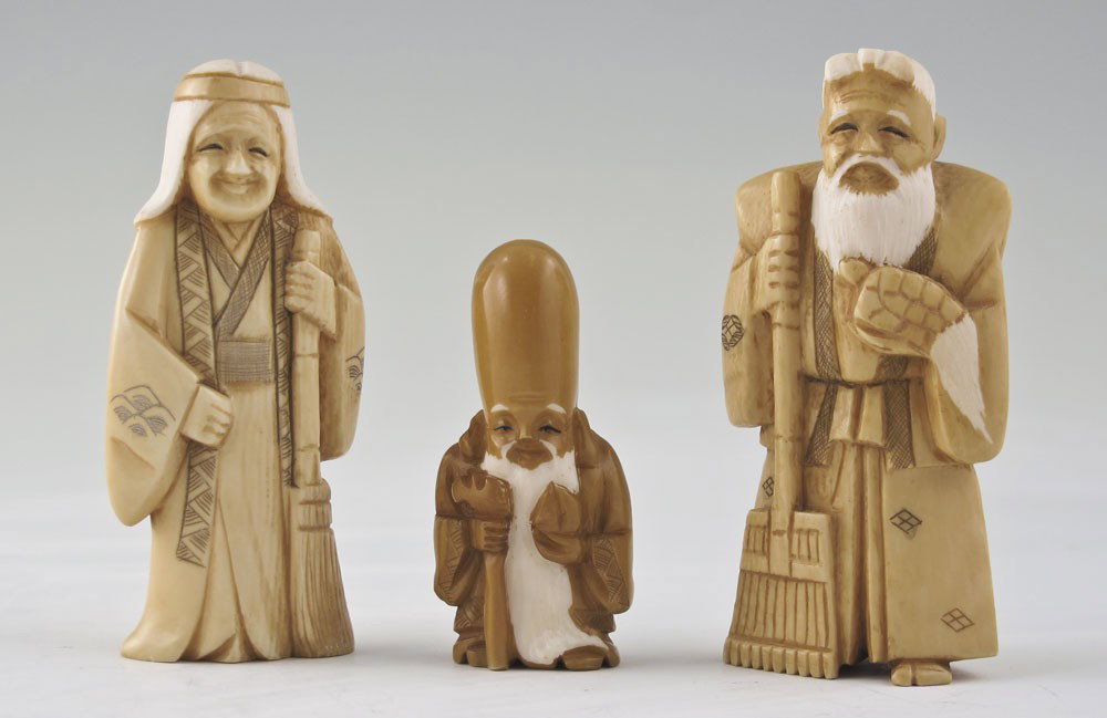3 PIECE CARVED IVORY FIGURAL OKIMONO: 3 PIECE CARVED IVORY FIGURAL OKIMONO: To include 1) Elder man with turtle and rake, signed, 3 1/8" h. x 2". 2) Woman holding broom, 3" h. 3) Japanese immortal Fukurokuju netsuke, 2 1/8" h.