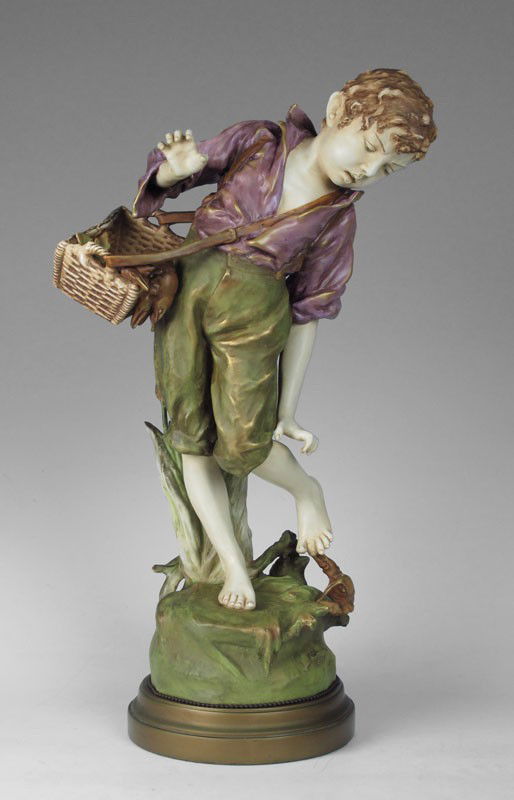 AMPHORA TYPE PORCELAIN FIGURE BOY WITH LOBSTER: AMPHORA TYPE PORCELAIN FIGURE OF A YOUNG BOY: Lobster at his feet and in his basket. Measures 23.5" overall. Mounted, not drilled, on a lamp base.