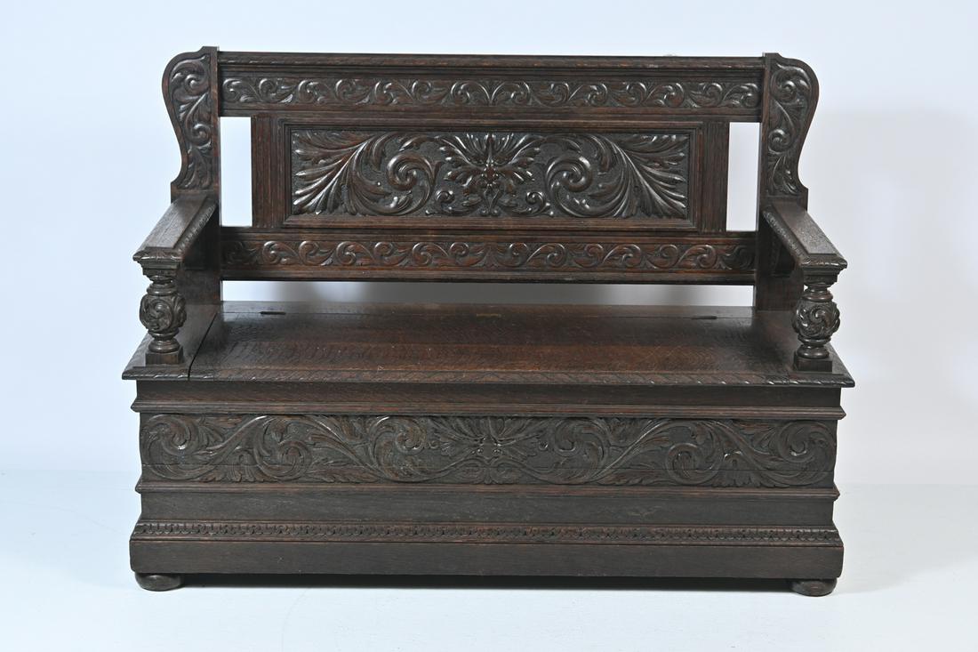 19TH-CENTURY CARVED OAK HALL BENCH (1 of 5)