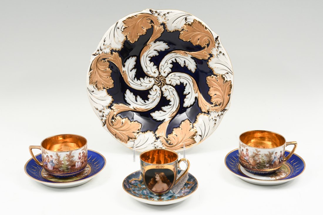 MEISSEN CHARGER AND 3 HIGHLY ORNATE ROYAL VIENNA CUPS AND SAUCERS (1 of 9)