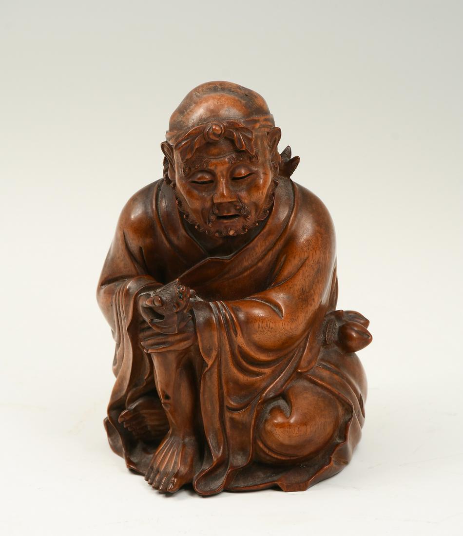 CARVED BOXWOOD CHINESE IMMORTAL W/ BAT & PEACHES (1 of 6)