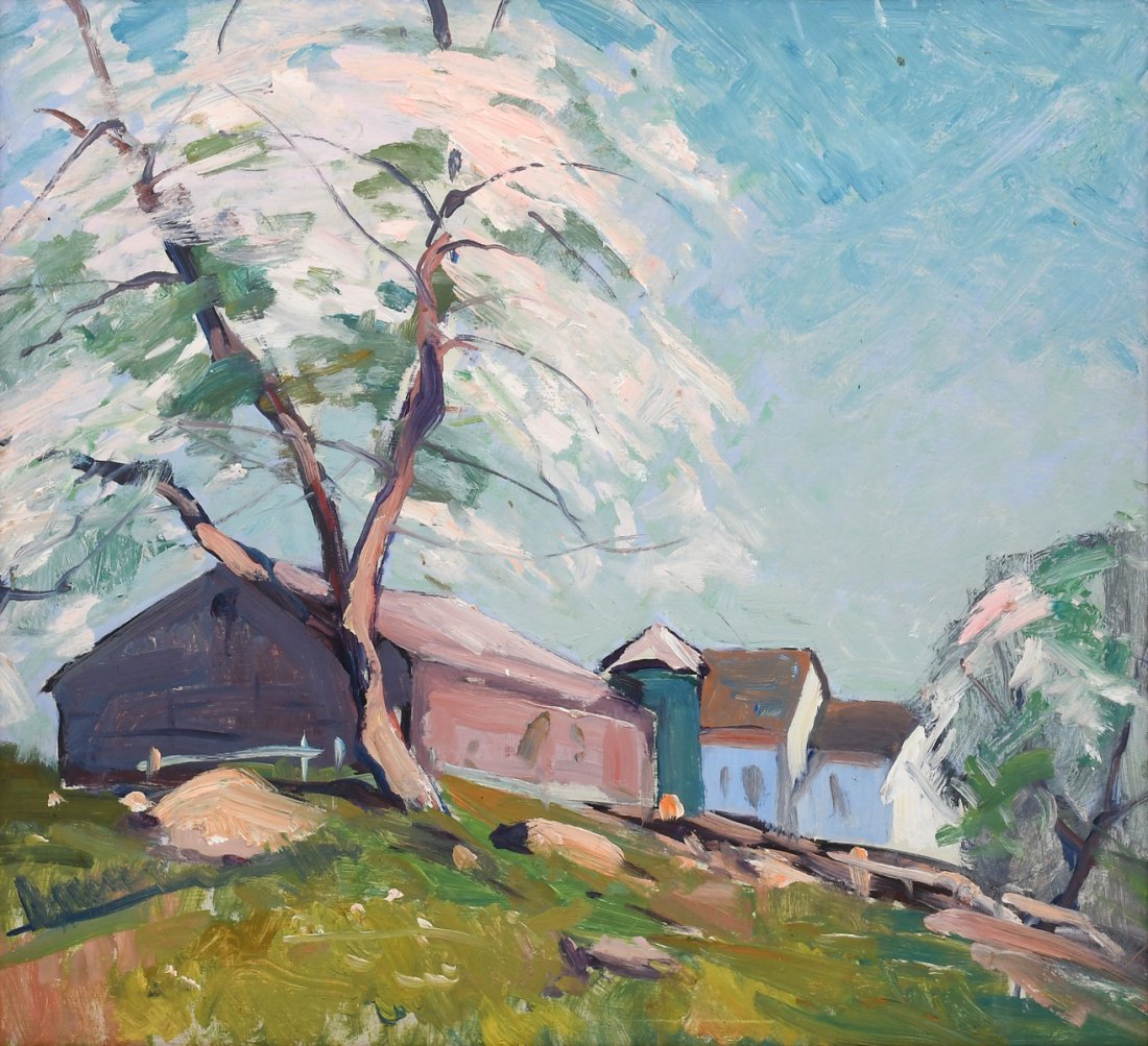 LAURA KNIPE FARMHOUSE APPLE BLOSSOM PAINTING: KNIPE, Laura, (American, 20th Century): Rural Landscape with Farmhouse and Apple Blossoms, Oil/Masonite, 18" x 20", framed, 20" x 22".