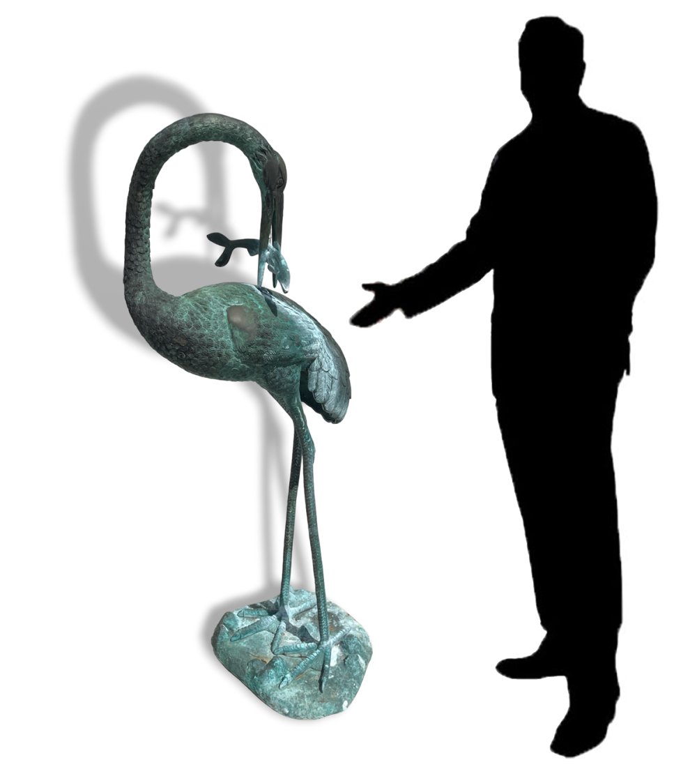 NEARLY-LIFESIZE BRONZE CRANE WITH FISH FOUNTAIN (1 of 4)