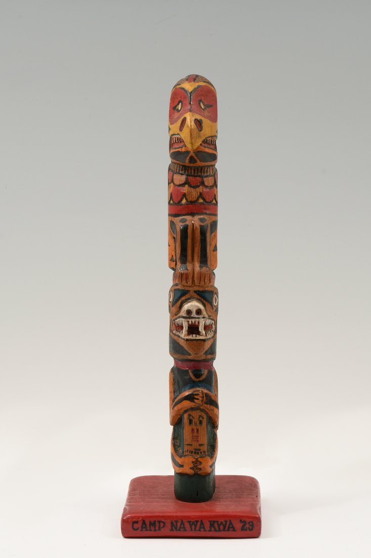 RARE AND HARD TO FIND CARVED AND PAINTED TOTEM FROM CAMP NAWAKWA: RARE AND HARD TO FIND CARVED AND PAINTED TOTEM FROM CAMP NAWAKWA: Dated 1929, 14" in height.