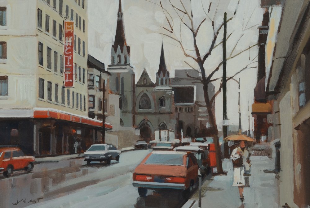 JIM VEST PAINTING "VANCOUVER STREET SCENE": VEST, Jim, (Canadian, 20th Century): "Vancouver Street Scene", Mixed Media, sight size 9" x 13.5", signed lower left, framed, 16.25" x 20.25", original artist label affixed verso, titled on the board 