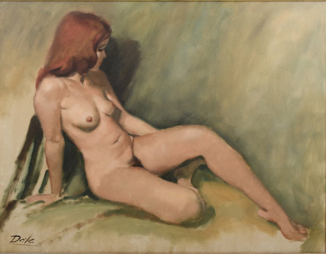 H. ALAN DALE JR. REDHEAD FEMALE NUDE PAINTING: DALE JR., H. Alan, (American, 20th Century): Redhead Female Nude, Oil/Canvas, 22" x 28", signed lower left, titled with artist's address in Atlanta, Georgia verso and original price of $450, original 