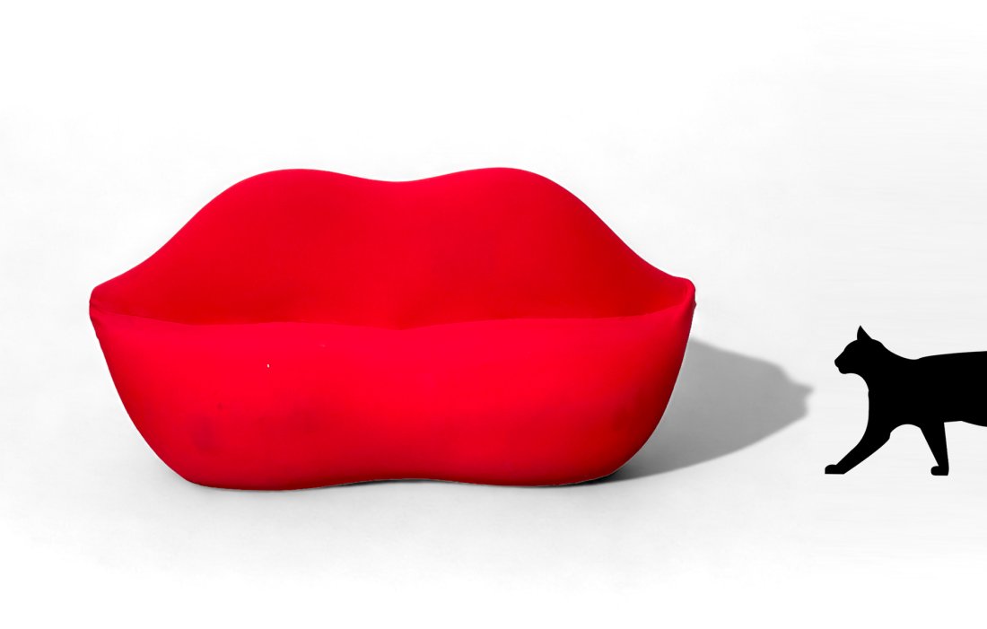STUDIO 65 STYLE LIP / MARILYN SOFA: STUDIO 65 LIP / MARILYN SOFA: Iconic Pop Art "Bocca" style settee in the form of curvaceous red lips. Cushioned foam seat and backrest with red stretch fabric upholstery. Approx. 33" h x 82" w x 32" d