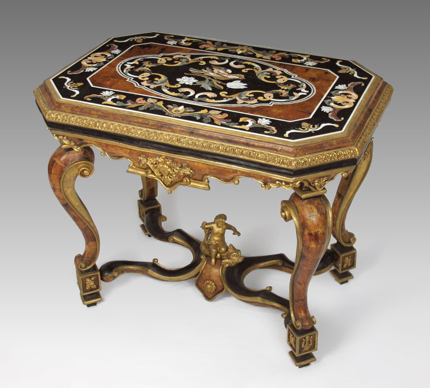 PIETRA DURA INLAY MARBLE TOP TABLE: PIETRA DURA INLAY MARBLE TOP TABLE: Stone inlay top featuring bird on branch and floral swag. Shaped stone and gilt wood skirt, legs and stretcher with applied ormolu decoration. 30 1/2" h. x 37" x 25